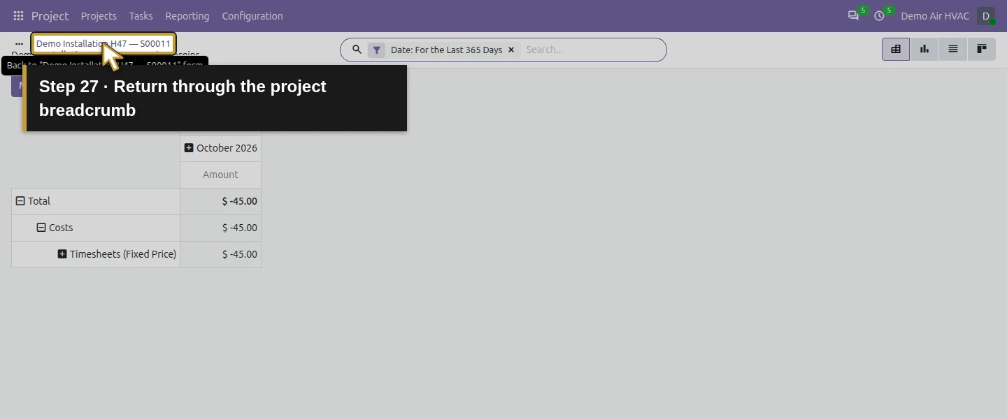 Action 27: Return through the project breadcrumb. The actual target is highlighted in gold.