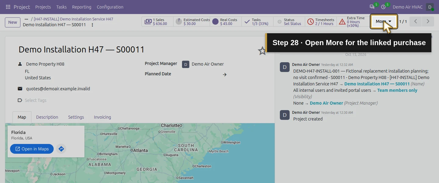 Action 28: Open More for the linked purchase. The actual target is highlighted in gold.