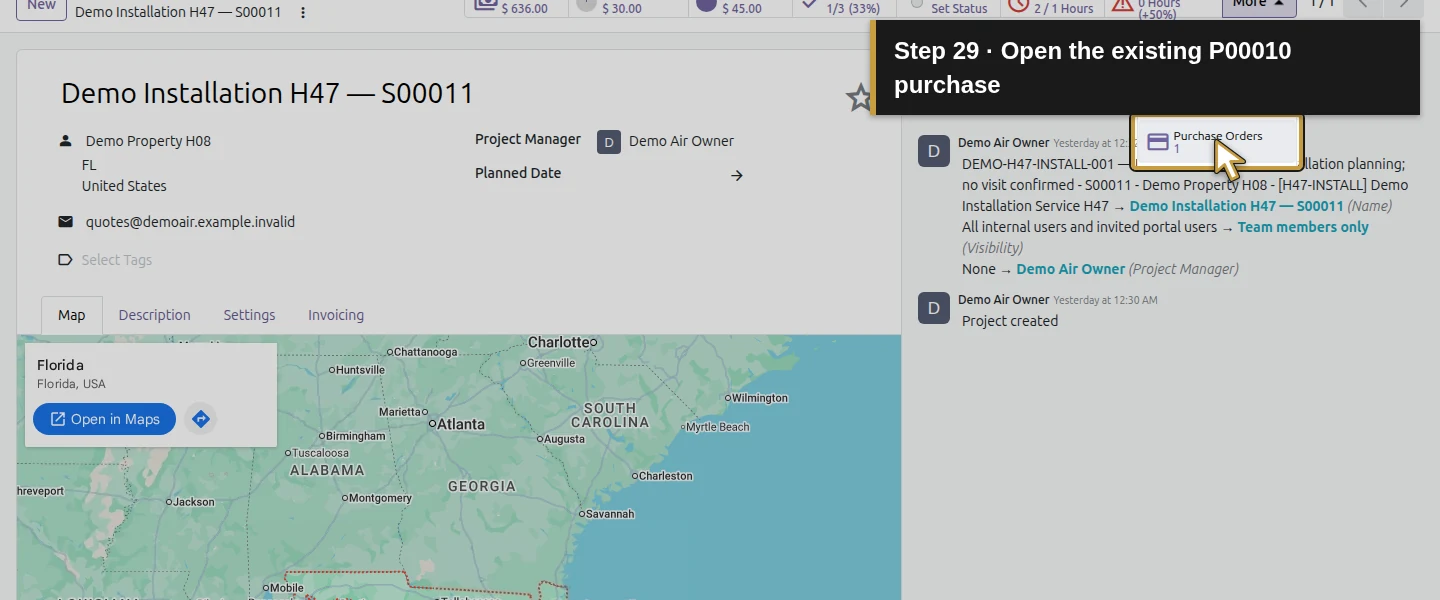 Action 29: Open the existing P00010 purchase. The actual target is highlighted in gold.