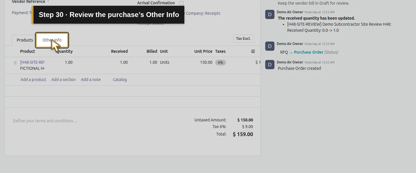Action 30: Review the purchase’s Other Info. The actual target is highlighted in gold.