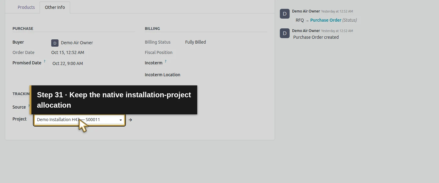 Action 31: Keep the native installation-project allocation. The actual target is highlighted in gold.
