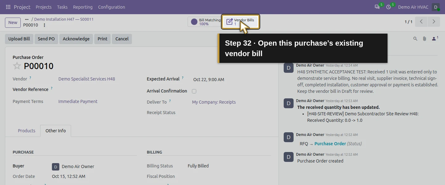 Action 32: Open this purchase’s existing vendor bill. The actual target is highlighted in gold.