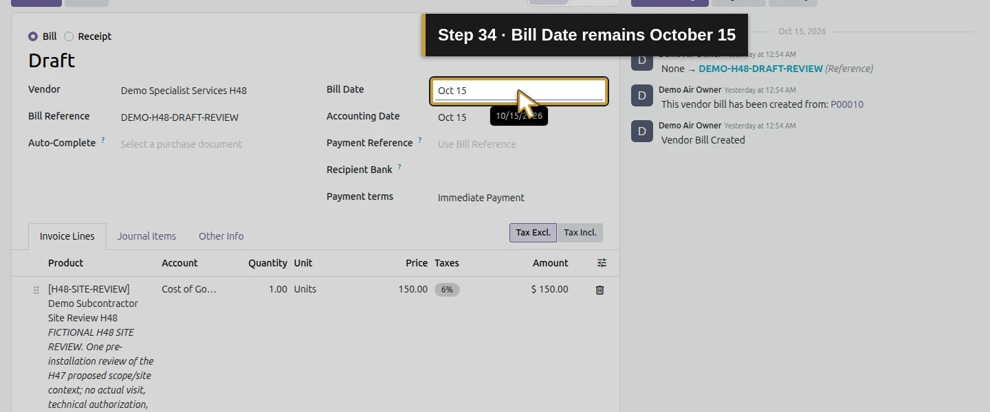 Action 34: Bill Date remains October 15. The actual target is highlighted in gold.