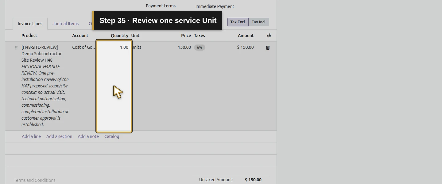 Action 35: Review one service Unit. The actual target is highlighted in gold.