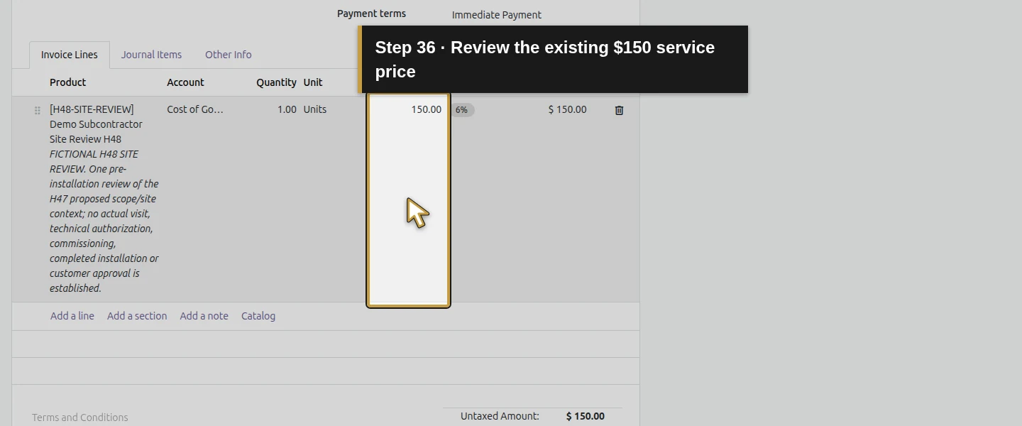 Action 36: Review the existing $150 service price. The actual target is highlighted in gold.