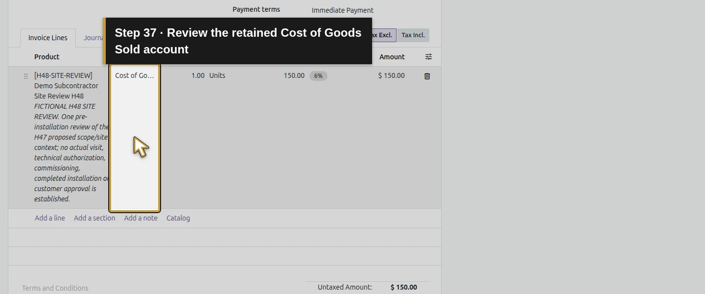 Action 37: Review the retained Cost of Goods Sold account. The actual target is highlighted in gold.