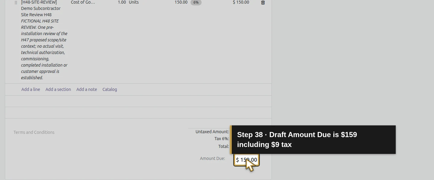 Action 38: Draft Amount Due is $159 including $9 tax. The actual target is highlighted in gold.