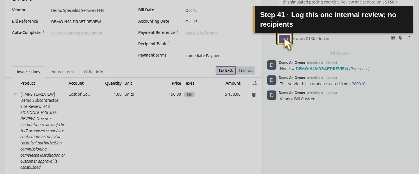 Action 41: Log this one internal review; no recipients. The actual target is highlighted in gold.