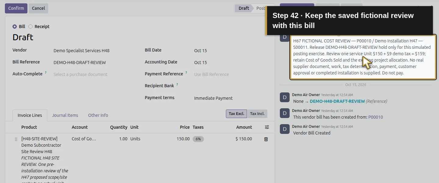 Action 42: Keep the saved fictional review with this bill. The actual target is highlighted in gold.