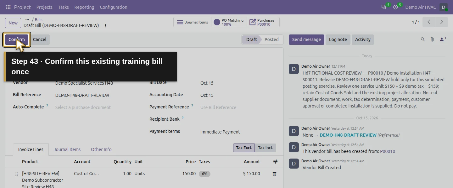 Action 43: Confirm this existing training bill once. The actual target is highlighted in gold.