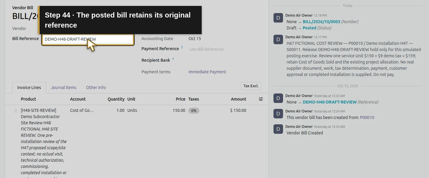 Action 44: The posted bill retains its original reference. The actual target is highlighted in gold.