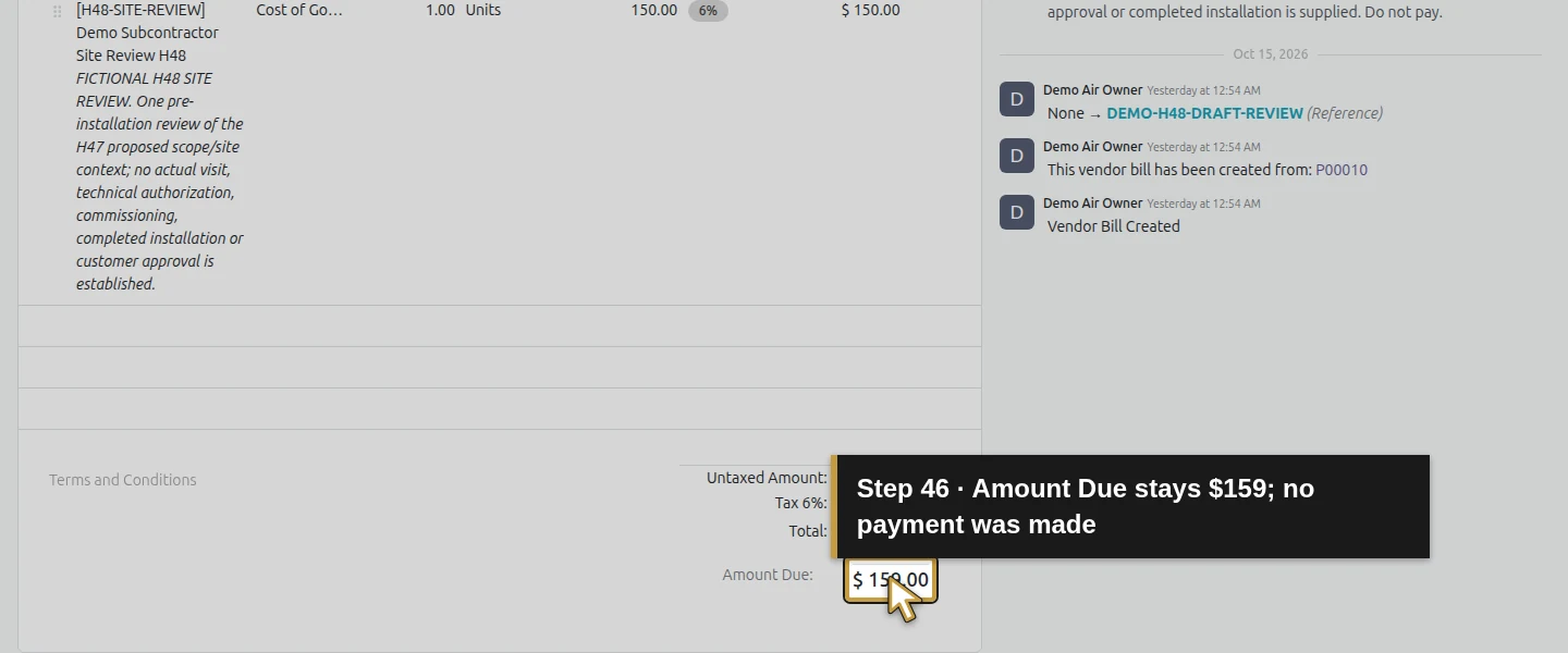Action 46: Amount Due stays $159; no payment was made. The actual target is highlighted in gold.