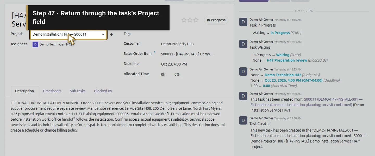 Action 47: Return through the task’s Project field. The actual target is highlighted in gold.