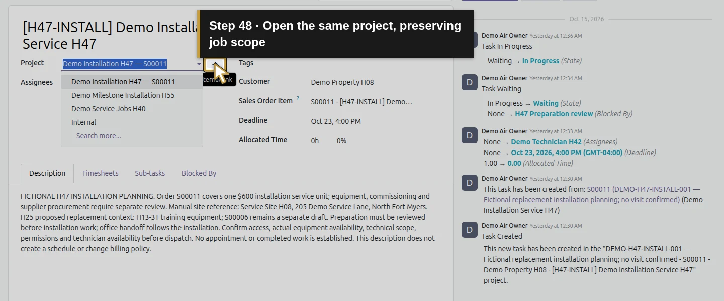 Action 48: Open the same project, preserving job scope. The actual target is highlighted in gold.