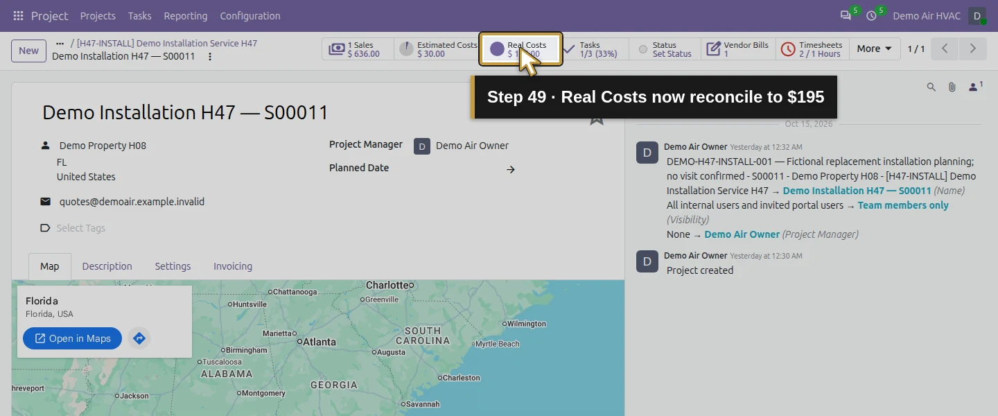 Action 49: Real Costs now reconcile to $195. The actual target is highlighted in gold.