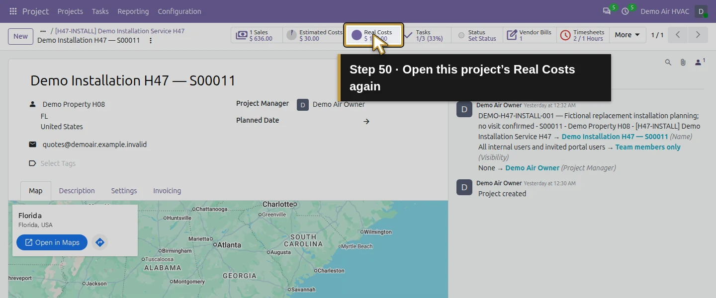 Action 50: Open this project’s Real Costs again. The actual target is highlighted in gold.