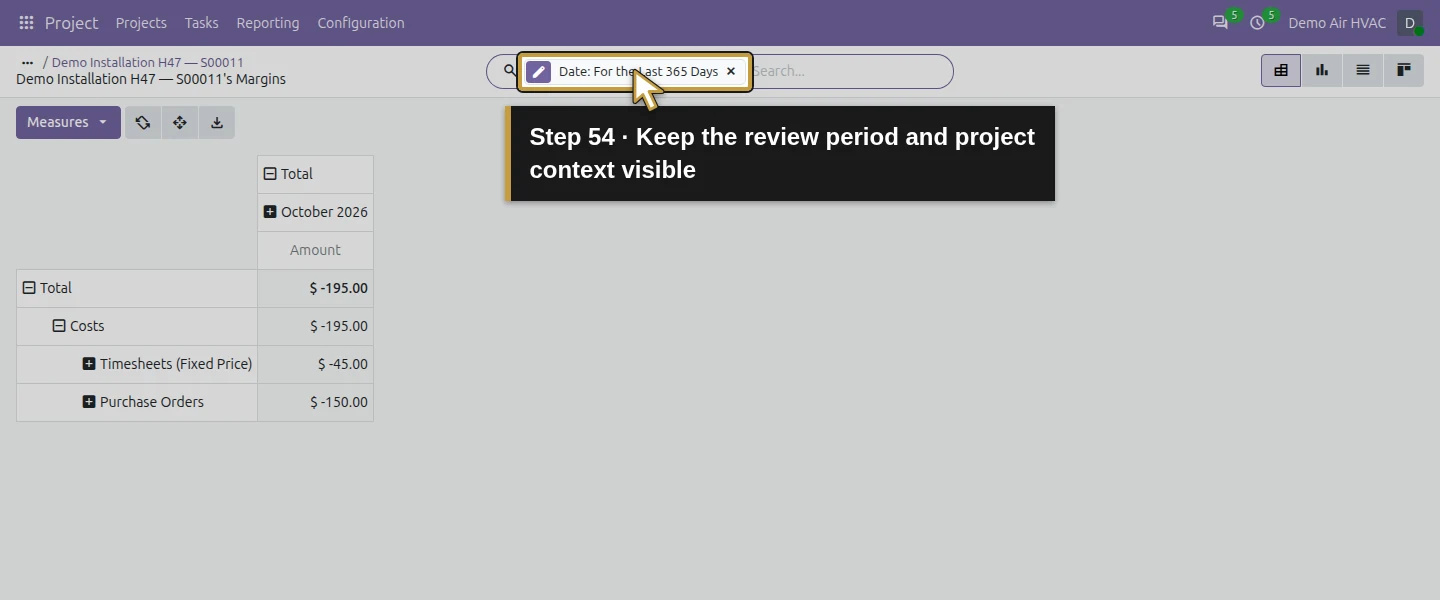 Action 54: Keep the review period and project context visible. The actual target is highlighted in gold.