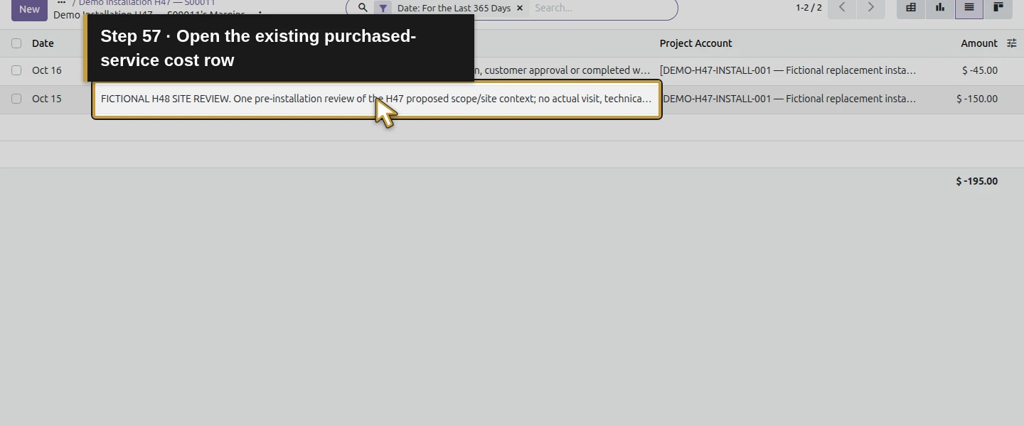 Action 57: Open the existing purchased-service cost row. The actual target is highlighted in gold.