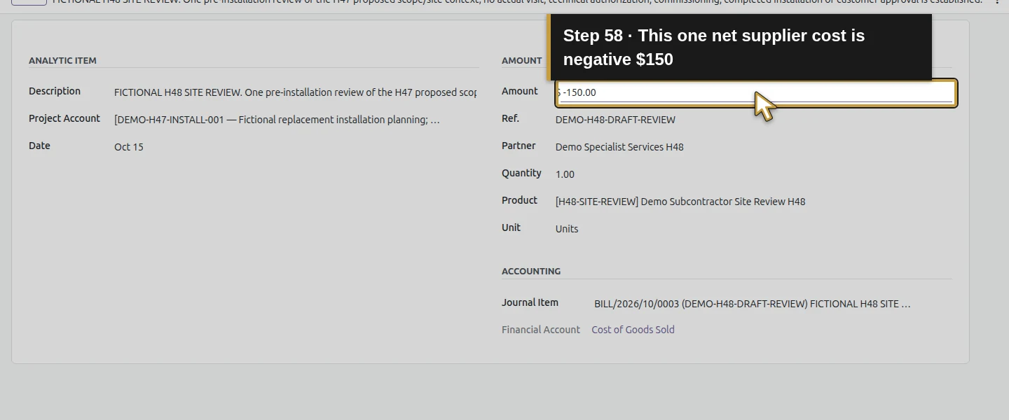 Action 58: This one net supplier cost is negative $150. The actual target is highlighted in gold.