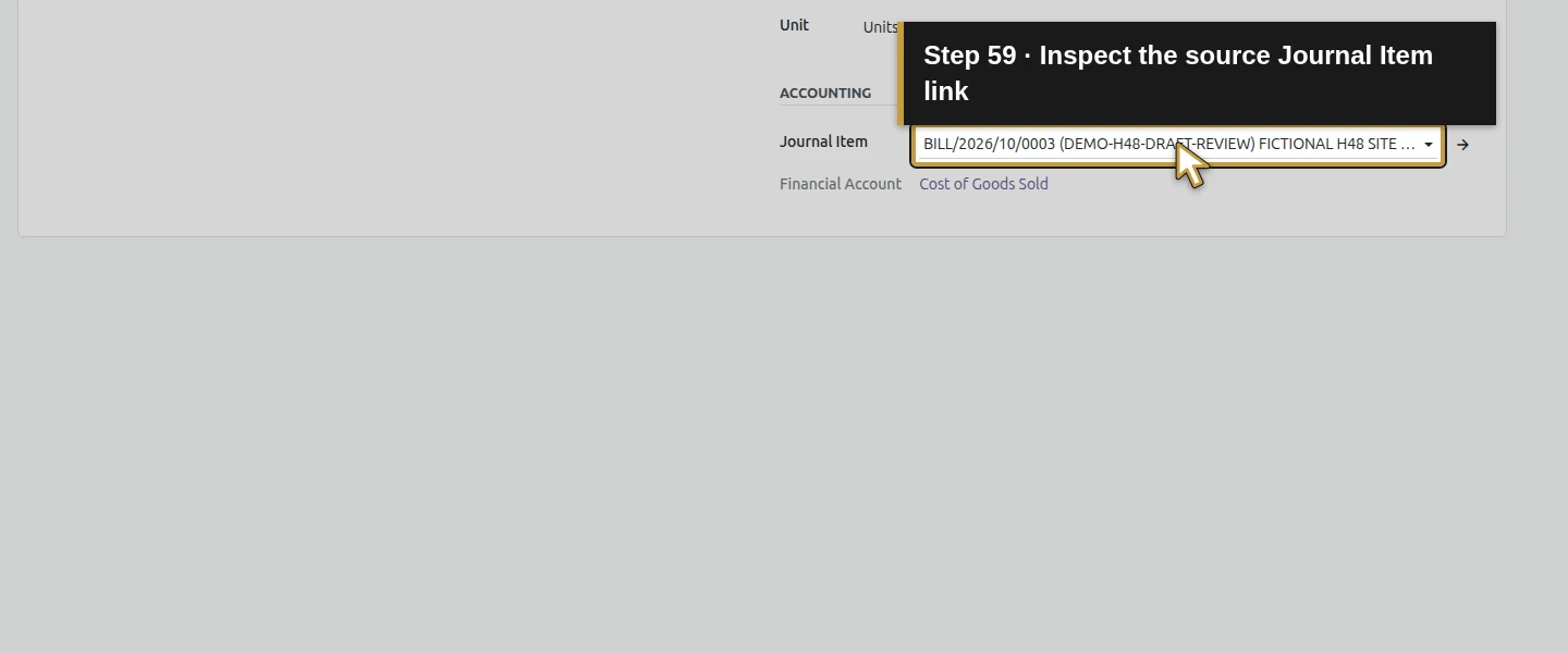 Action 59: Inspect the source Journal Item link. The actual target is highlighted in gold.