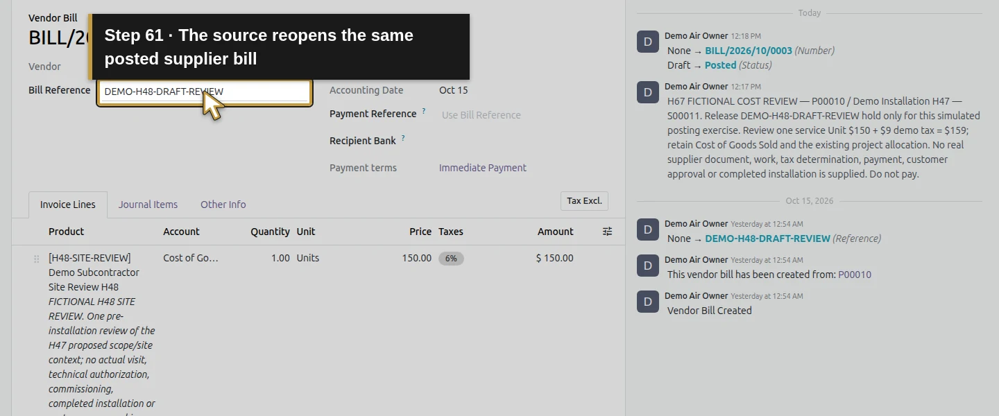 Action 61: The source reopens the same posted supplier bill. The actual target is highlighted in gold.