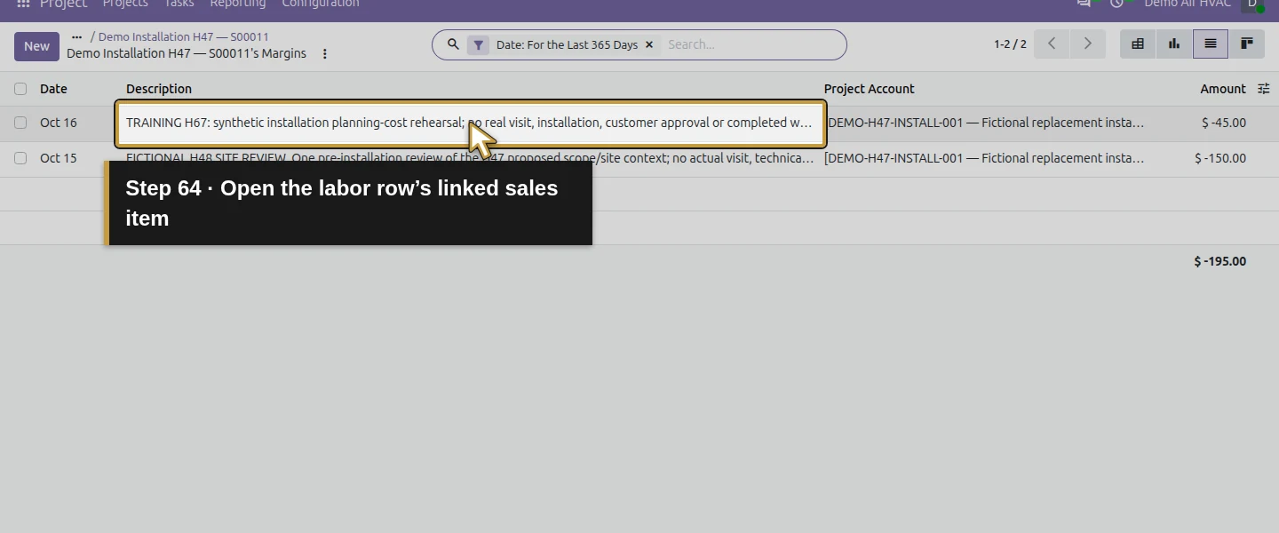 Action 64: Open the labor row’s linked sales item. The actual target is highlighted in gold.
