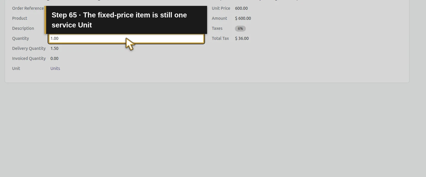 Action 65: The fixed-price item is still one service Unit. The actual target is highlighted in gold.