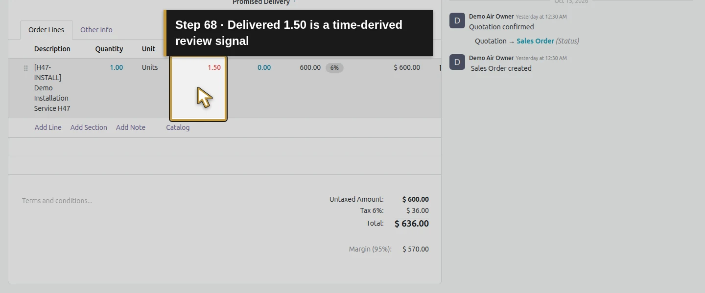 Action 68: Delivered 1.50 is a time-derived review signal. The actual target is highlighted in gold.