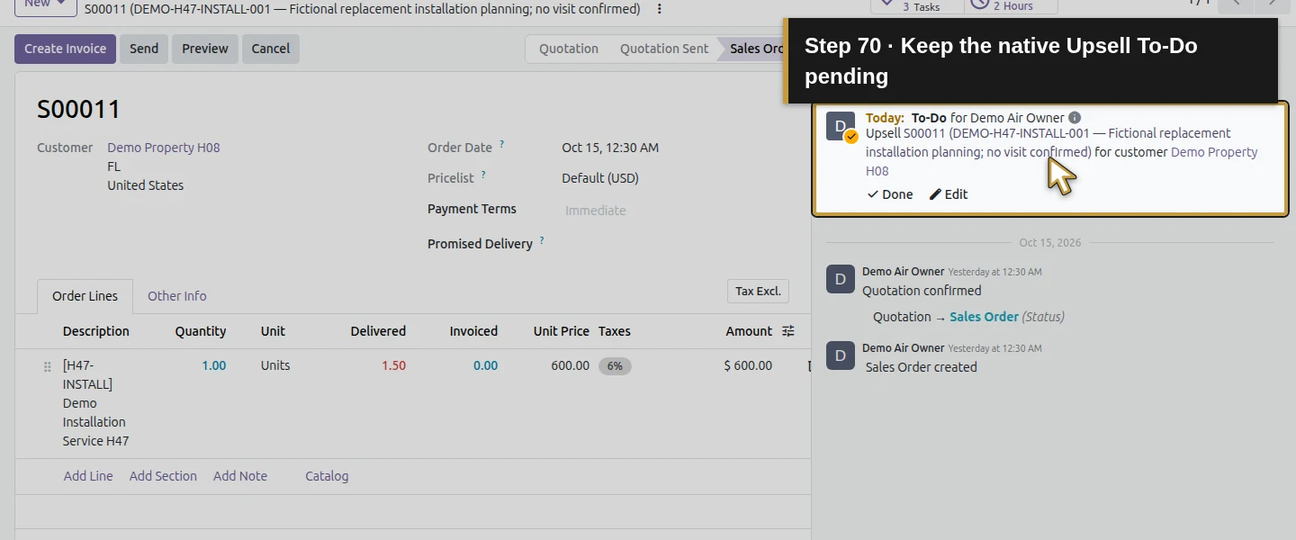 Action 70: Keep the native Upsell To-Do pending. The actual target is highlighted in gold.