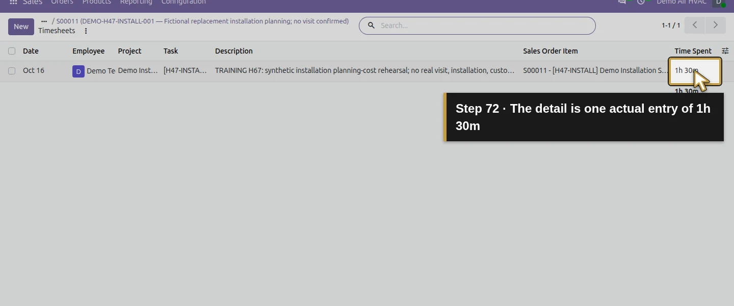 Action 72: The detail is one actual entry of 1h 30m. The actual target is highlighted in gold.