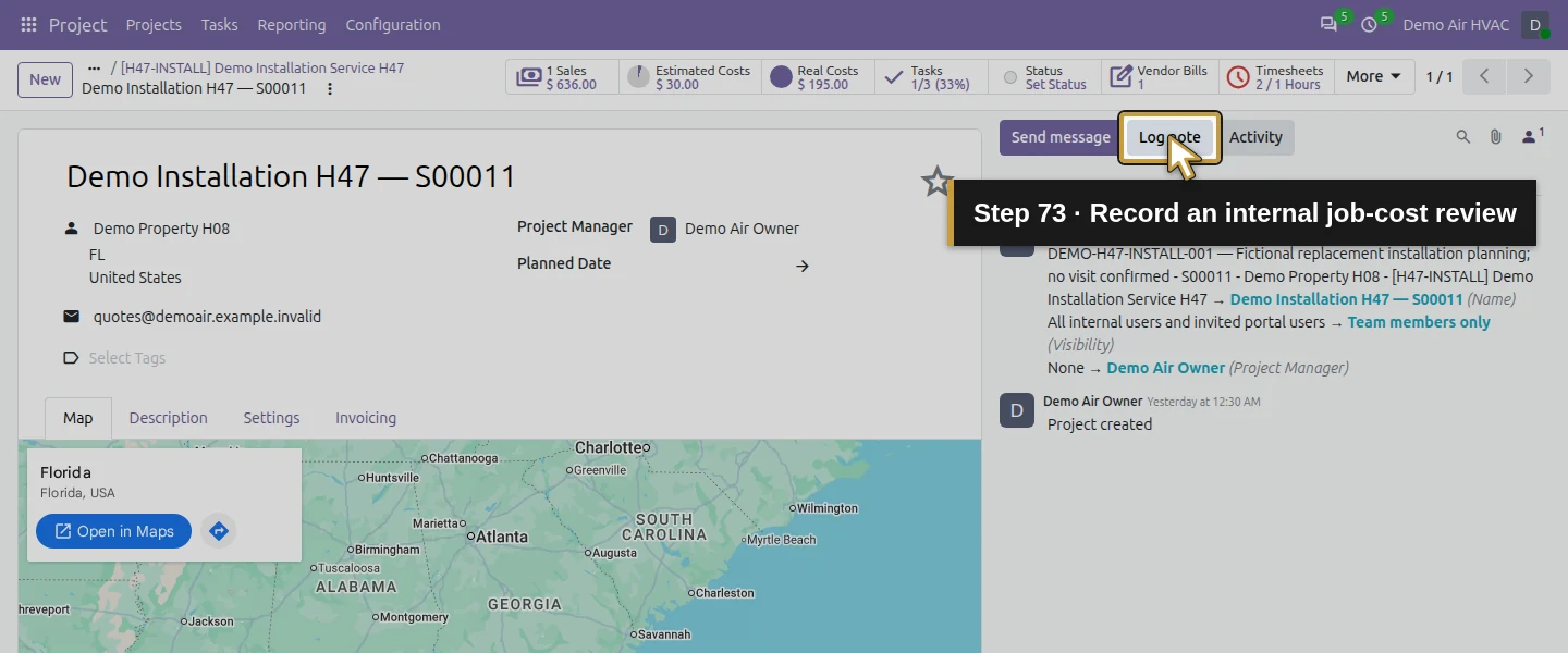 Action 73: Record an internal job-cost review. The actual target is highlighted in gold.