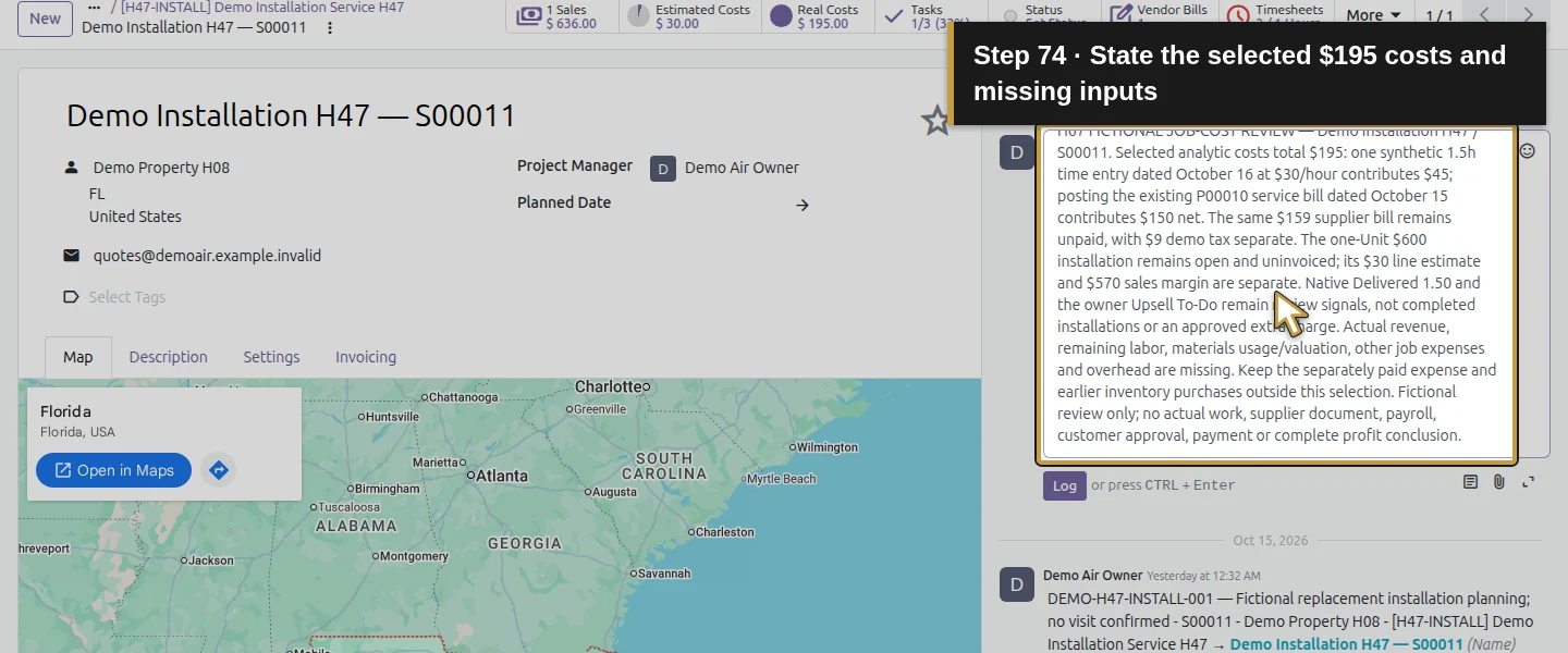 Action 74: State the selected $195 costs and missing inputs. The actual target is highlighted in gold.