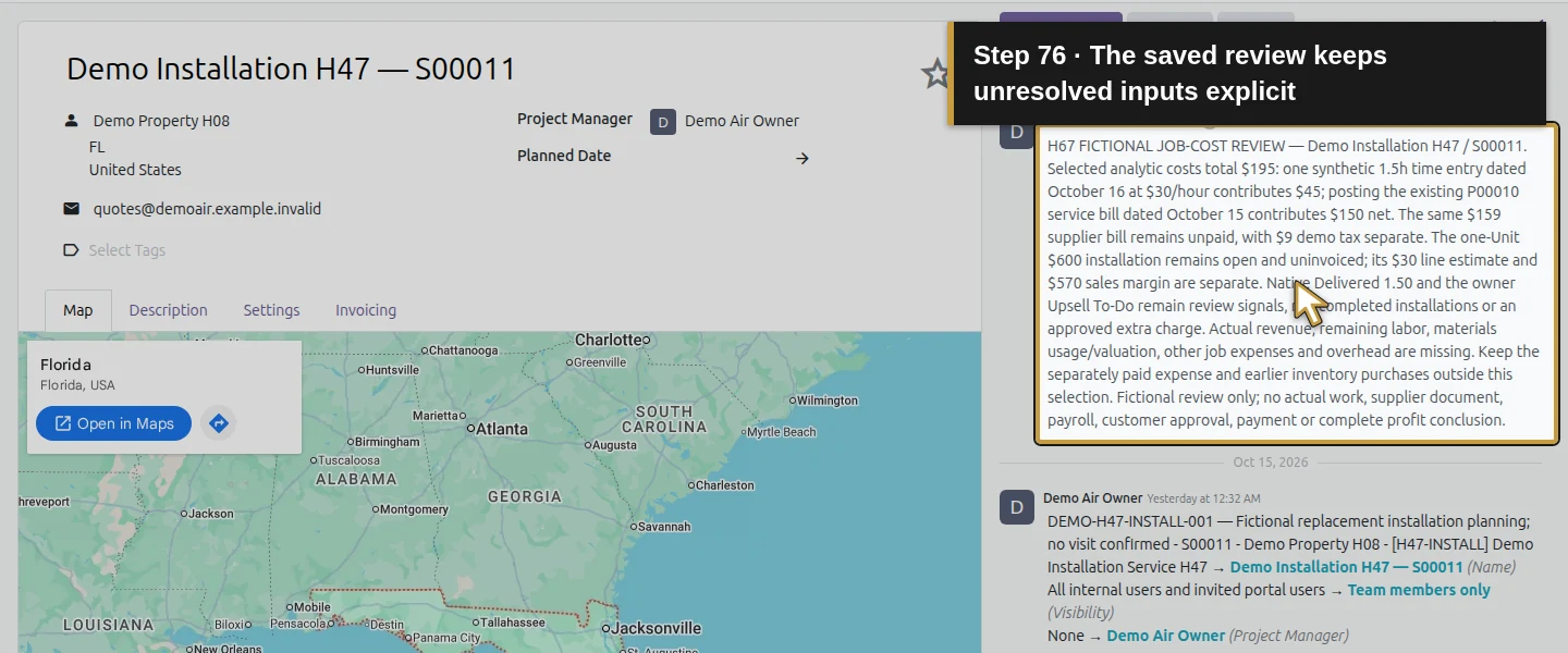 Action 76: The saved review keeps unresolved inputs explicit. The actual target is highlighted in gold.