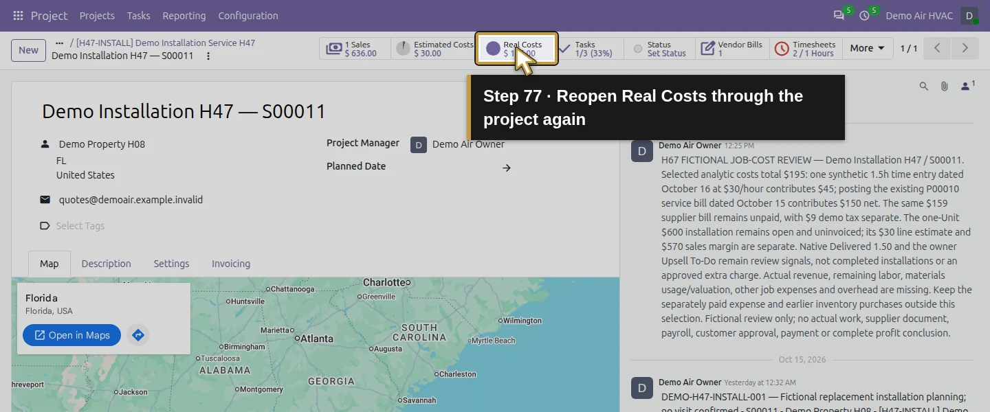 Action 77: Reopen Real Costs through the project again. The actual target is highlighted in gold.
