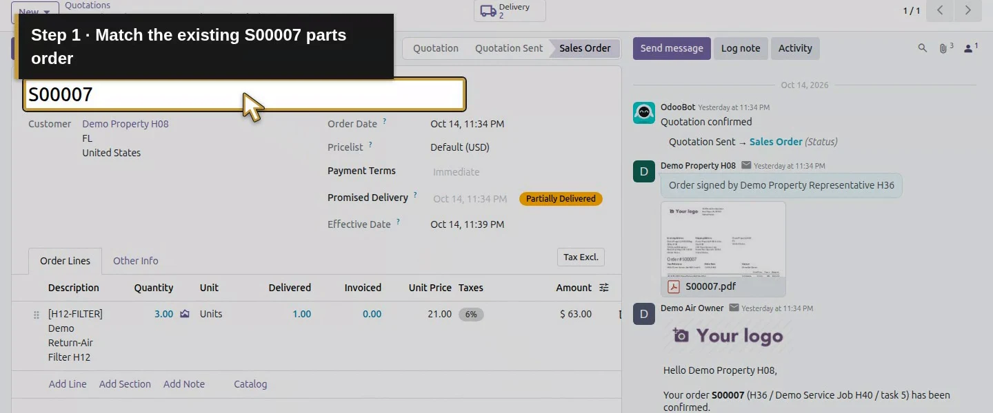 Action 1: Match the existing S00007 parts order. The actual target is highlighted in gold.