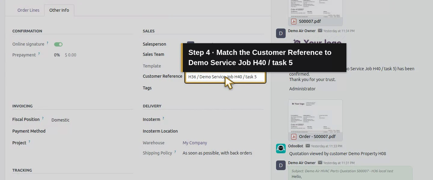 Action 4: Match the Customer Reference to Demo Service Job H40 / task 5. The actual target is highlighted in gold.