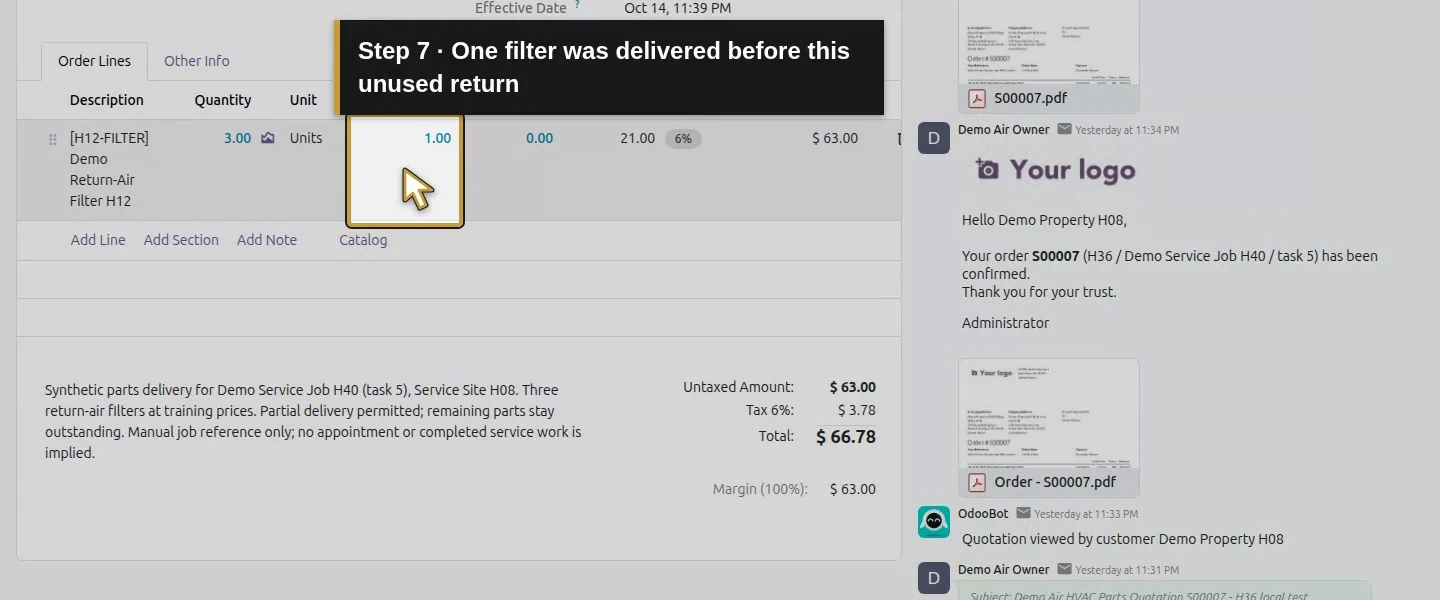 Action 7: One filter was delivered before this unused return. The actual target is highlighted in gold.