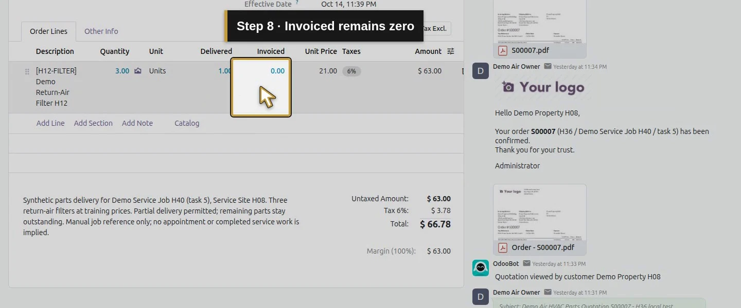 Action 8: Invoiced remains zero. The actual target is highlighted in gold.