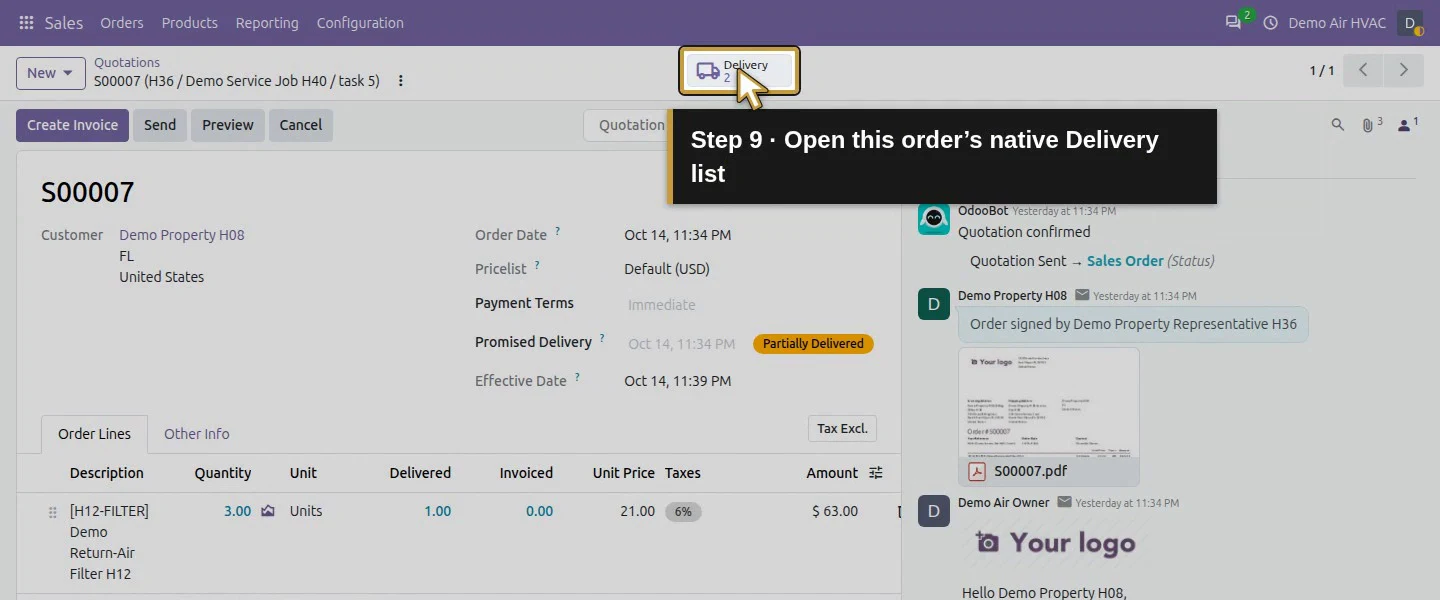 Action 9: Open this order’s native Delivery list. The actual target is highlighted in gold.