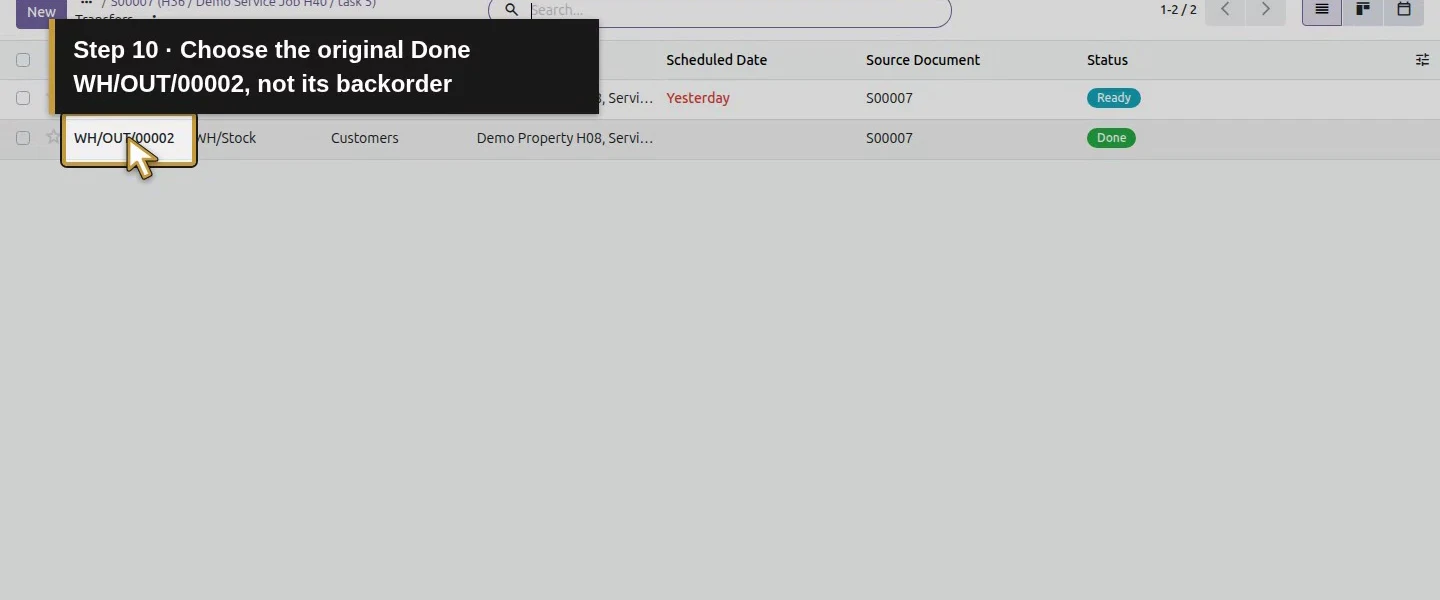 Action 10: Choose the original Done WH/OUT/00002, not its backorder. The actual target is highlighted in gold.