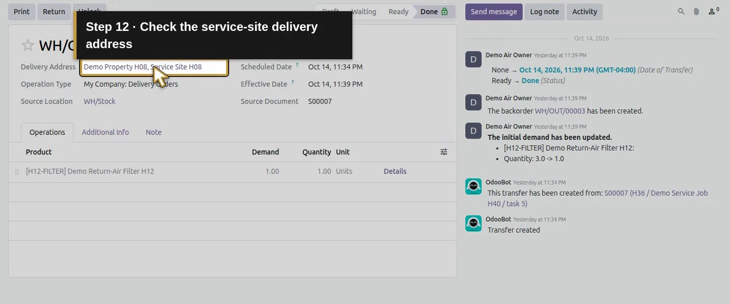 Action 12: Check the service-site delivery address. The actual target is highlighted in gold.