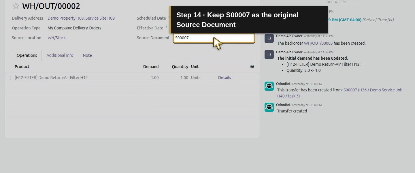Action 14: Keep S00007 as the original Source Document. The actual target is highlighted in gold.