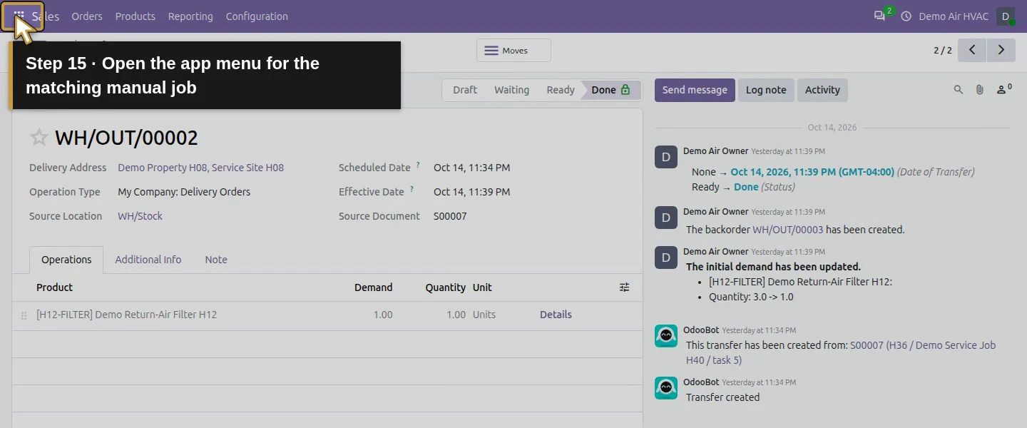 Action 15: Open the app menu for the matching manual job. The actual target is highlighted in gold.