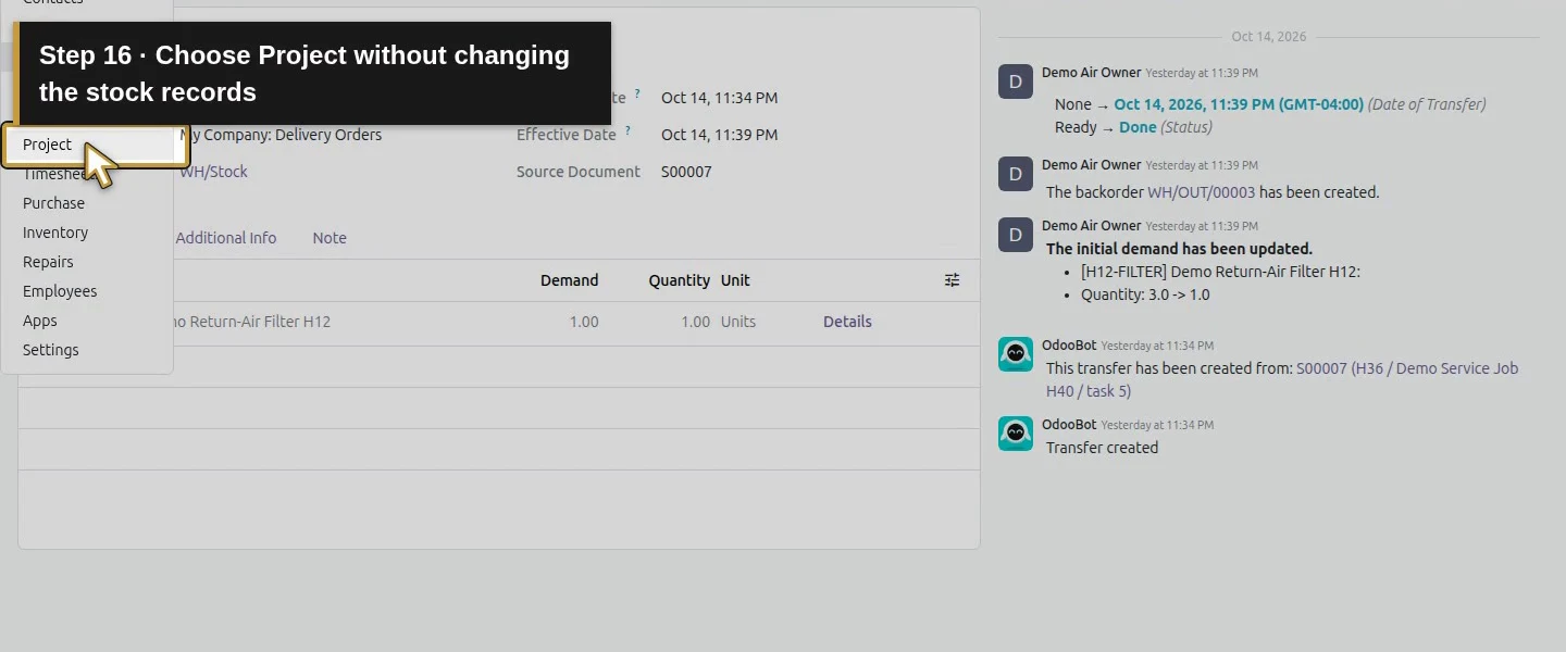 Action 16: Choose Project without changing the stock records. The actual target is highlighted in gold.