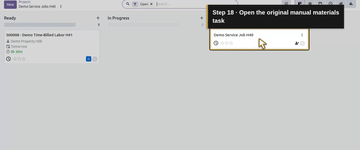 Action 18: Open the original manual materials task. The actual target is highlighted in gold.