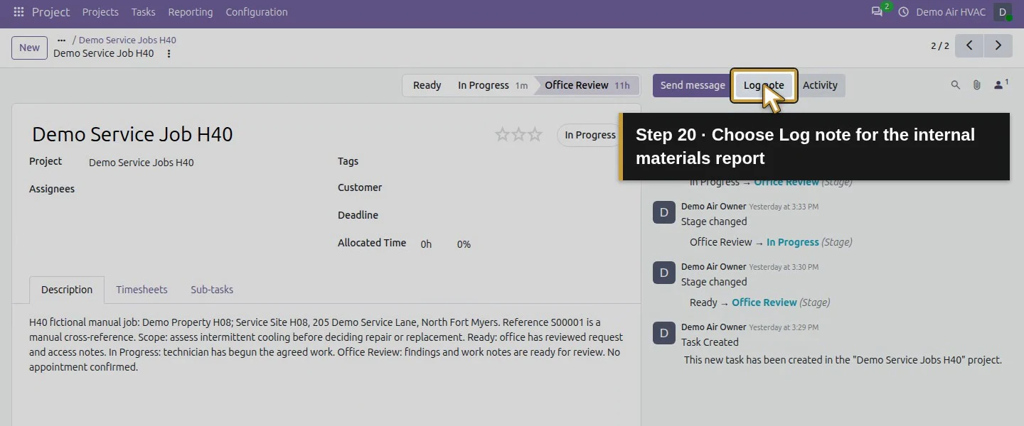 Action 20: Choose Log note for the internal materials report. The actual target is highlighted in gold.