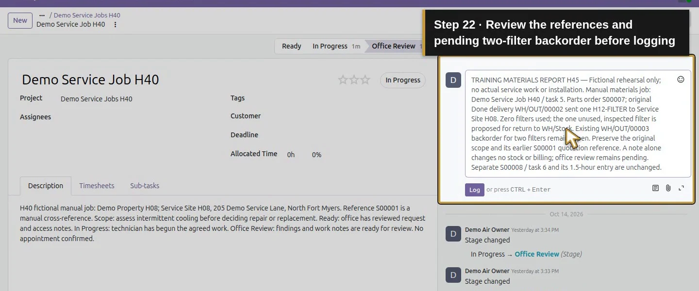 Action 22: Review the references and pending two-filter backorder before logging. The actual target is highlighted in gold.