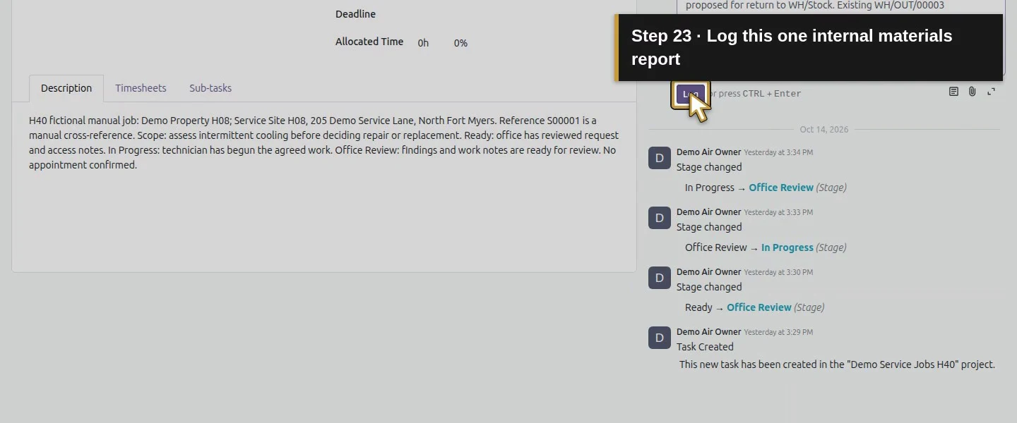 Action 23: Log this one internal materials report. The actual target is highlighted in gold.