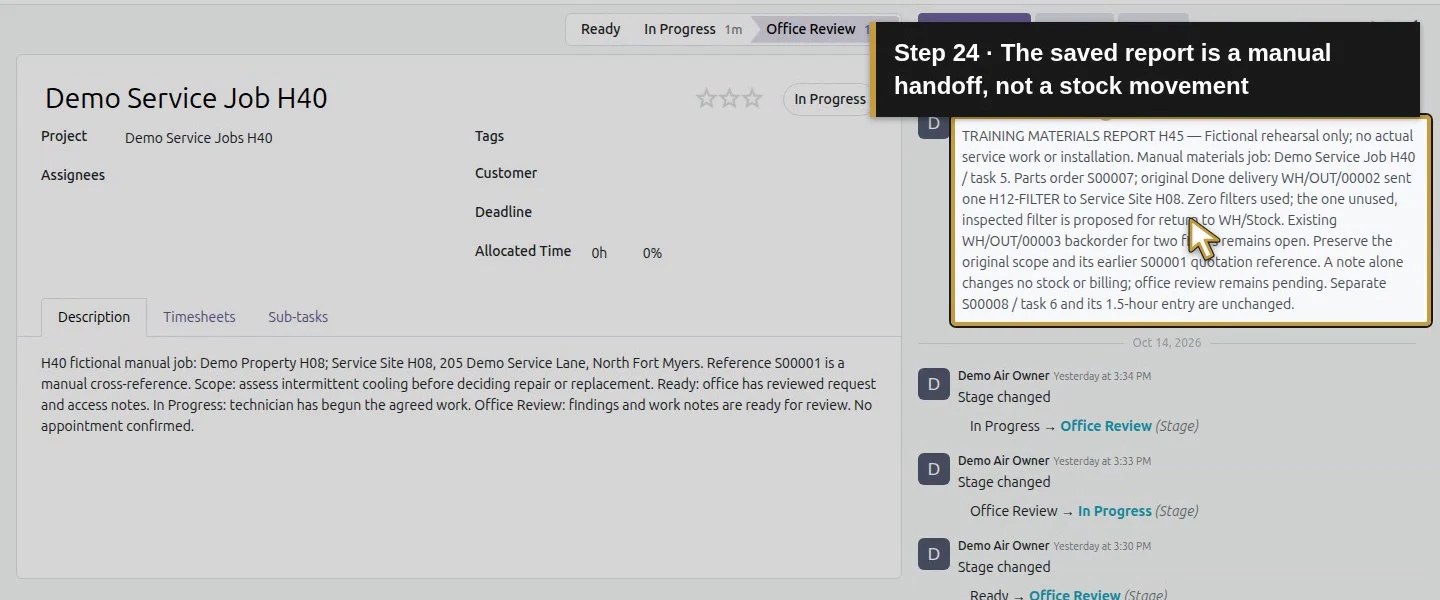 Action 24: The saved report is a manual handoff, not a stock movement. The actual target is highlighted in gold.