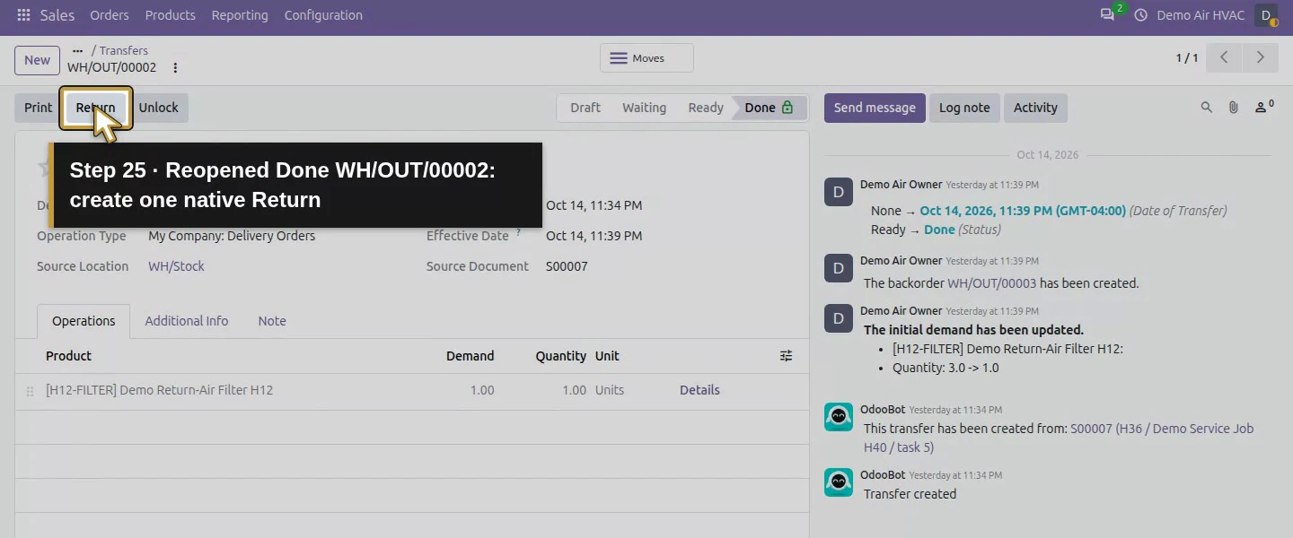 Action 25: Reopened Done WH/OUT/00002: create one native Return. The actual target is highlighted in gold.
